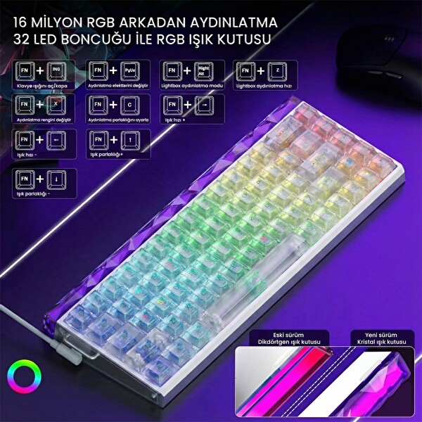 Aula Hero 68 He Manyetik Klavye Rapid Trigger Silver Switch 8000Hz RGB Neon TKL Hot Swap Oyuncu Klavyesi Şeffaf