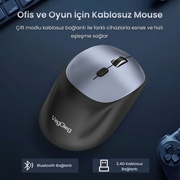 VegGieg G880 Dual-Mode Bluetooth 5.3 Ve 2.4GHz 3600DPI Optik Kablosuz Mouse - Gri