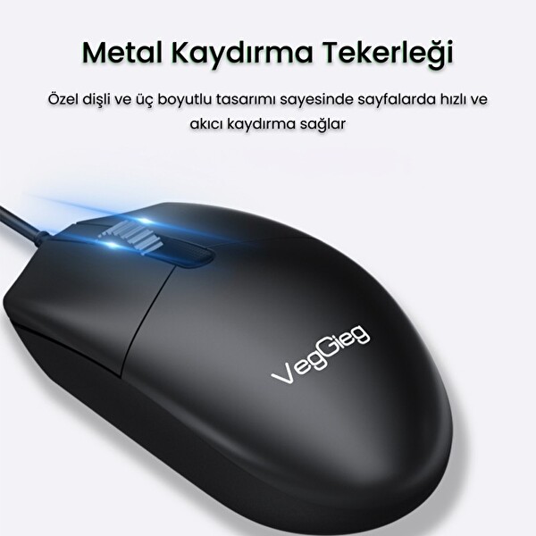 VegGieg G005 Optik 3 Tuşlu Sağ Ve Sol Elle Kullanıma Uygun USB Kablolu Mouse - Siyah
