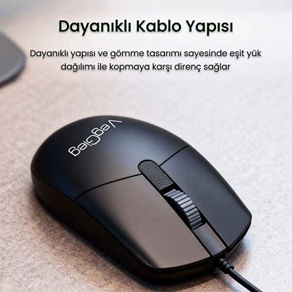 VegGieg G005 Optik 3 Tuşlu Sağ Ve Sol Elle Kullanıma Uygun USB Kablolu Mouse - Siyah