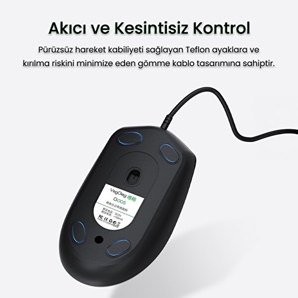 VegGieg G005 Optik 3 Tuşlu Sağ Ve Sol Elle Kullanıma Uygun USB Kablolu Mouse - Siyah