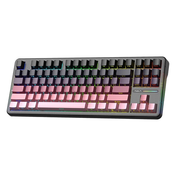 Aula F87 PRO Mekanik RGB TKL GrayWood V4 Switch Kablosuz Makrolu Hot Swap Klavye - Gradyan Pembe