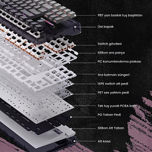 Aula F87 PRO Mekanik RGB TKL GrayWood V4 Switch Kablosuz Makrolu Hot Swap Klavye - Gradyan Pembe
