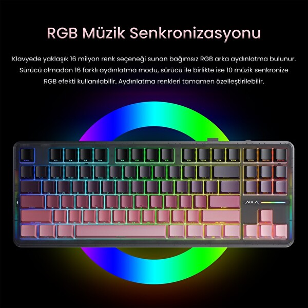 Aula F87 PRO Mekanik RGB TKL GrayWood V4 Switch Kablosuz Makrolu Hot Swap Klavye - Gradyan Pembe