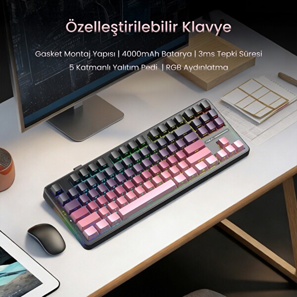 Aula F87 PRO Mekanik RGB TKL GrayWood V4 Switch Kablosuz Makrolu Hot Swap Klavye - Gradyan Pembe