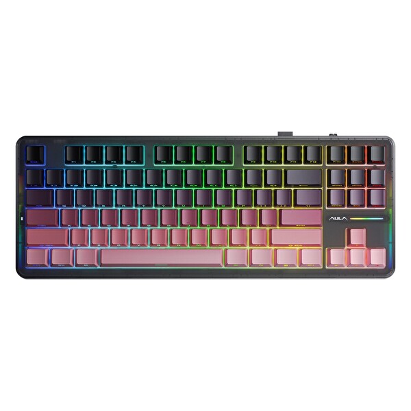 Aula F87 PRO Mekanik RGB TKL GrayWood V4 Switch Kablosuz Makrolu Hot Swap Klavye - Gradyan Pembe