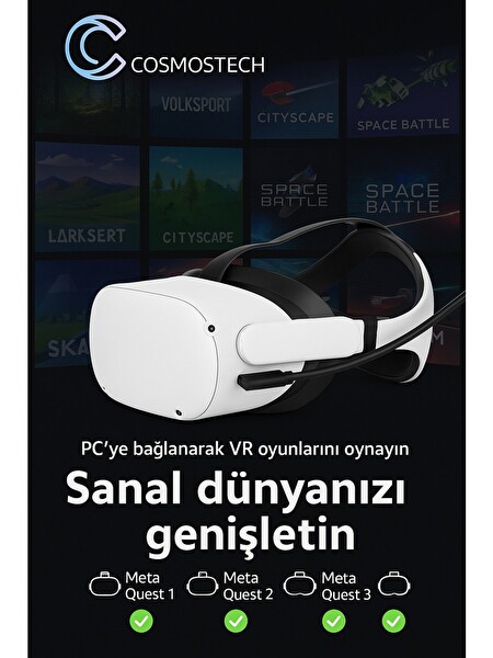 Cosmostech LC-05 Meta Quest 3-3S-Quest 2-Pro-Pico 4 Uyumlu Type-C To Type-C PCVR Veri Aktarım Kablosu - 5M