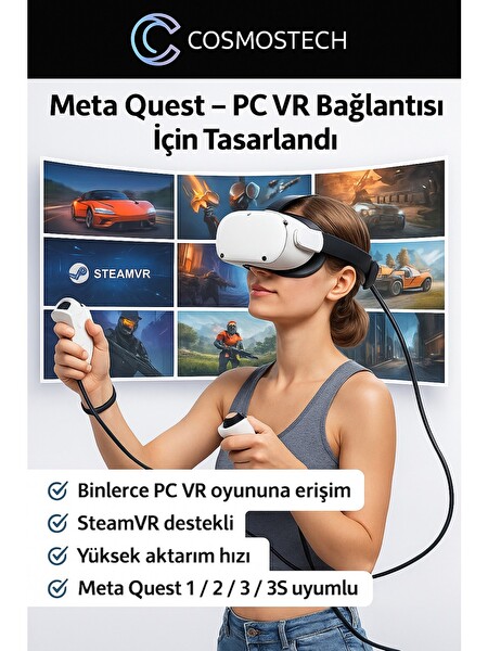 Cosmostech LC-05 Meta Quest 3-3S-Quest 2-Pro-Pico 4 Uyumlu Type-C To Type-C PCVR Veri Aktarım Kablosu - 5M