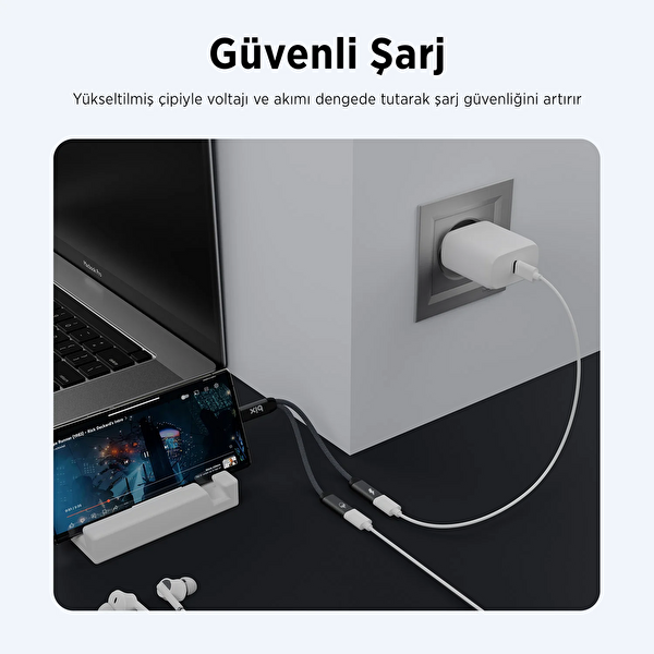 Bix ADP-13 Type-C to Çift Type-C Adaptör ve 15W Hızlı Şarj Dönüştürücü