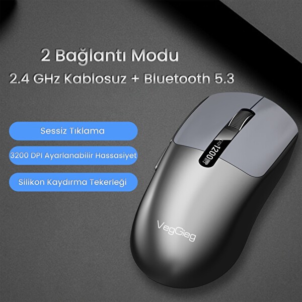 VegGieg G900 Dual-Mode Bluetooth 5.3 ve 2.4GHz 3600DPI Ekranlı Şarjlı Optik Kablosuz Mouse Siyah