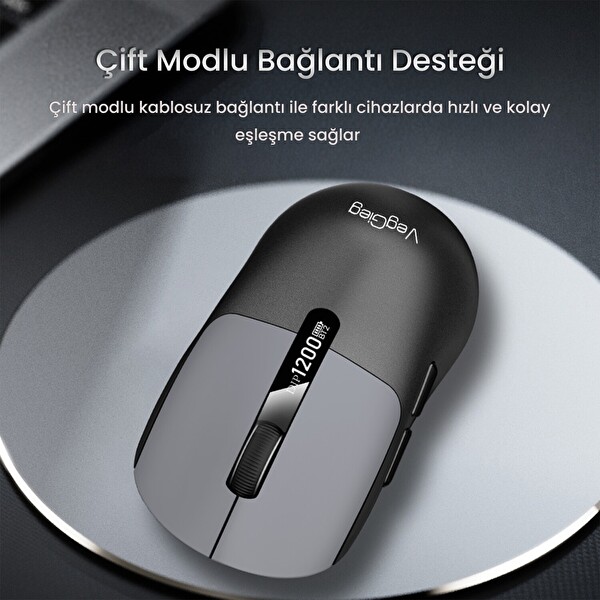 VegGieg G900 Dual-Mode Bluetooth 5.3 ve 2.4GHz 3600DPI Ekranlı Şarjlı Optik Kablosuz Mouse Siyah