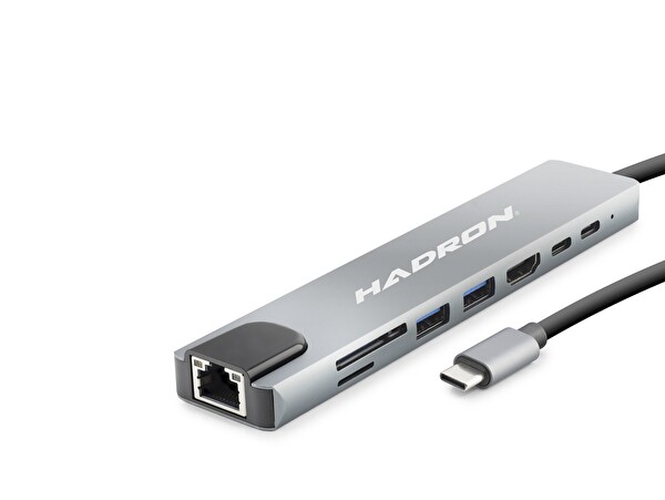 Evimdeyokyok HDX7841 Type-C Hub HDMI 4K USB 3.0 Lan 8 Port Çevirici Kart Okuyucu - Gri