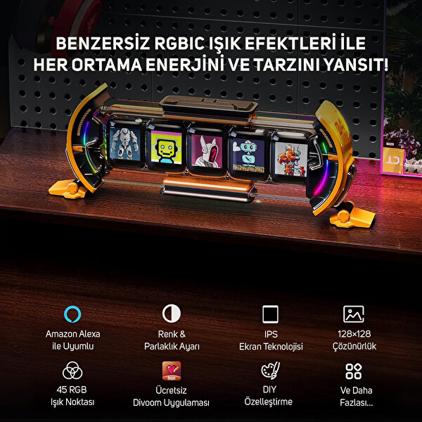 Divoom Times Gate 5 Ekranlı Rgb Işıklı Akıllı Dijital Saat Dekor Resim Çerçevesi Sarı