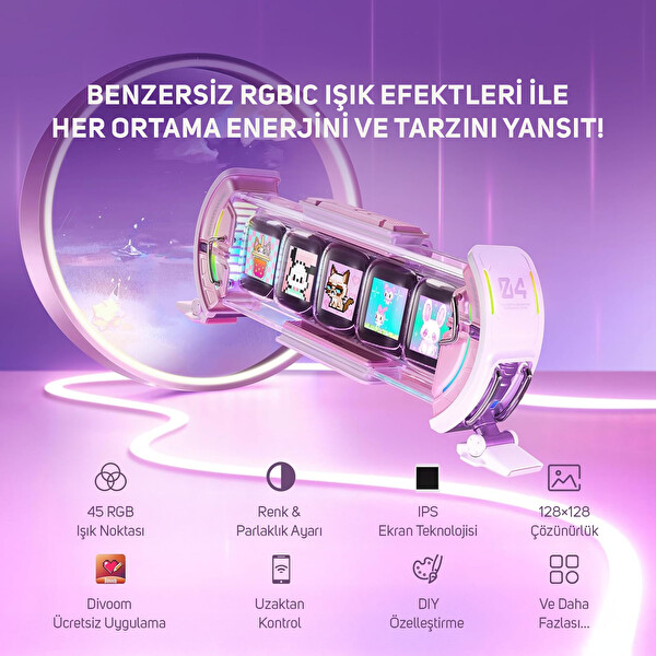 Divoom TimesGate 5 Ekranlı Rgb Işıklı Akıllı Dijital Saat App Kontrollü Bilgi Ekranı Pembe