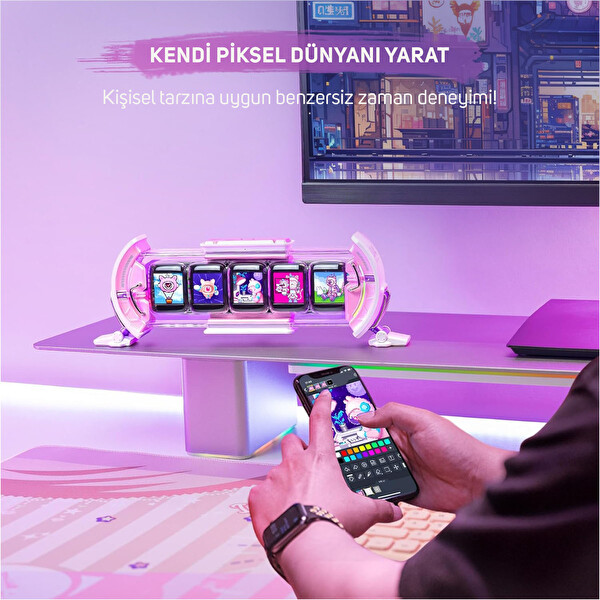 Divoom TimesGate 5 Ekranlı Rgb Işıklı Akıllı Dijital Saat App Kontrollü Bilgi Ekranı Pembe