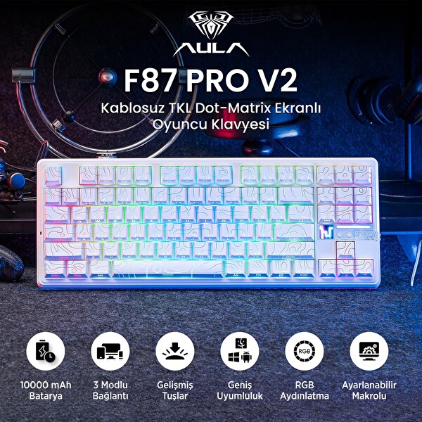 Aula F87 PRO V2 Mekanik RGB TKL Star Vector Switch Kablosuz Makrolu Hot Swap Klavye Desenli Beyaz
