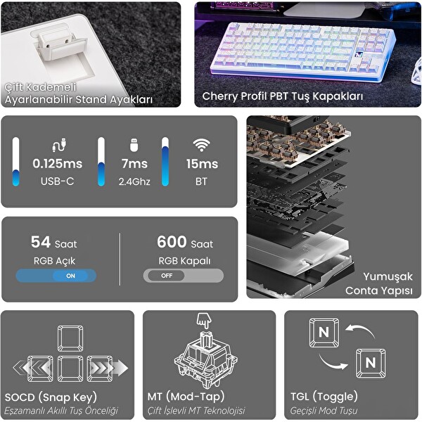 Aula F87 PRO V2 Mekanik RGB TKL Star Vector Switch Kablosuz Makrolu Hot Swap Klavye Desenli Beyaz