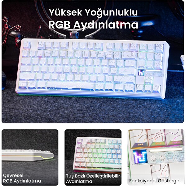 Aula F87 PRO V2 Mekanik RGB TKL Star Vector Switch Kablosuz Makrolu Hot Swap Klavye Desenli Beyaz