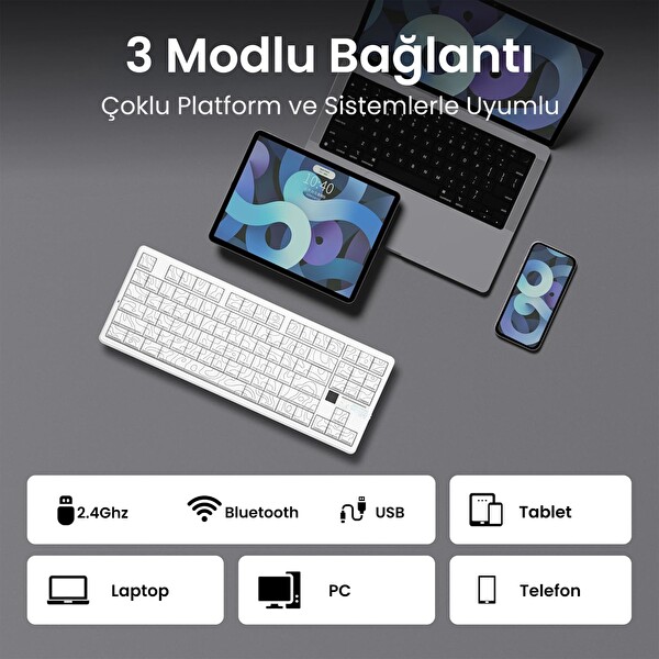 Aula F87 PRO V2 Mekanik RGB TKL Star Vector Switch Kablosuz Makrolu Hot Swap Klavye Desenli Beyaz