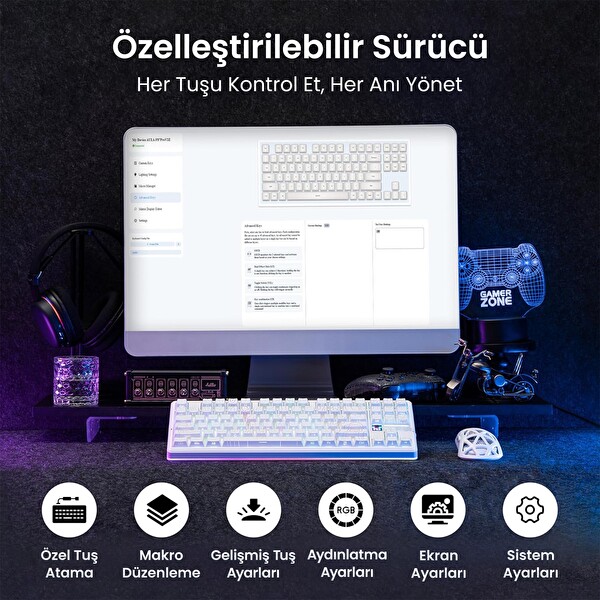 Aula F87 PRO V2 Mekanik RGB TKL Star Vector Switch Kablosuz Makrolu Hot Swap Klavye Desenli Beyaz