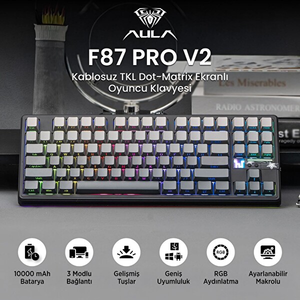Aula F87 PRO V2 Mekanik RGB TKL GrayWood V4 Switch Kablosuz Makrolu Hot Swap Klavye Gradyan Gri