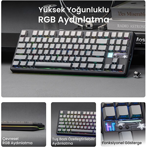 Aula F87 PRO V2 Mekanik RGB TKL GrayWood V4 Switch Kablosuz Makrolu Hot Swap Klavye Gradyan Gri