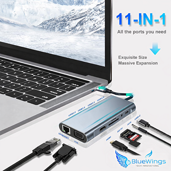 Blue Wings Macbook Pro Air Type C Hub PD Şarj HDMI SD Network VGA 11 In 1 Çoklayıcı Dönüştürücü