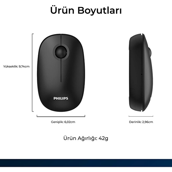 Philips SPK7378 Kablosuz 1600DPI 3 Tuşlu Optik Sessiz Mouse Siyah