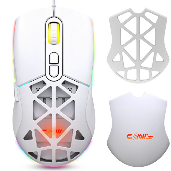 Claw's Nexus X1 12800 Dpi Wide RGB Özel ABS Doku, Claw's Reflex Örgü Kablolu & Değiştirilebilir Kapaklı Gaming Mouse - Beyaz