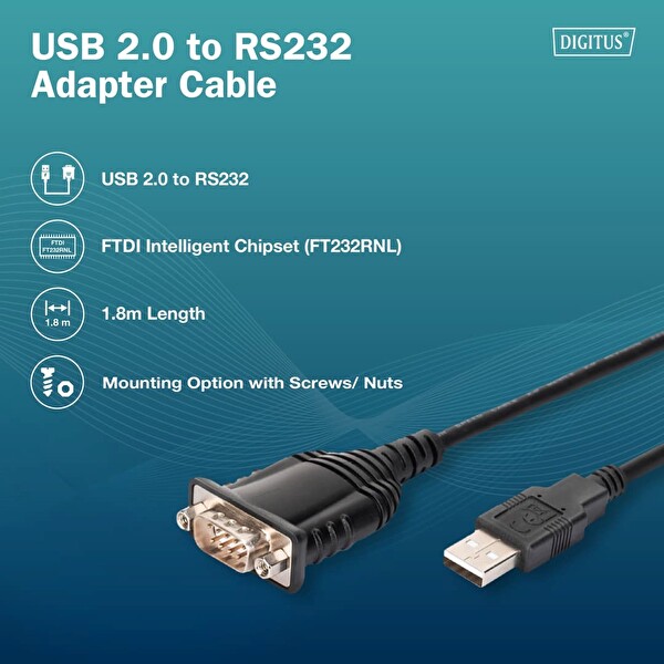 Digitus RS232 USB 2.0 Entegre FTDI 1.8 M Adaptör Kablosu Yonga Seti