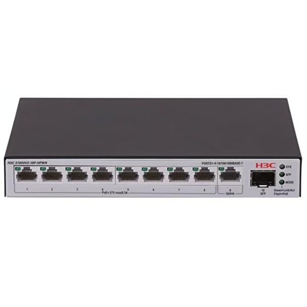 H3C Aolynk S1600V2-10P-HPWR 8 Port GGB 1xGB SFP 1XRJ45 Uplik 125W POE Yönetilebilir Switch