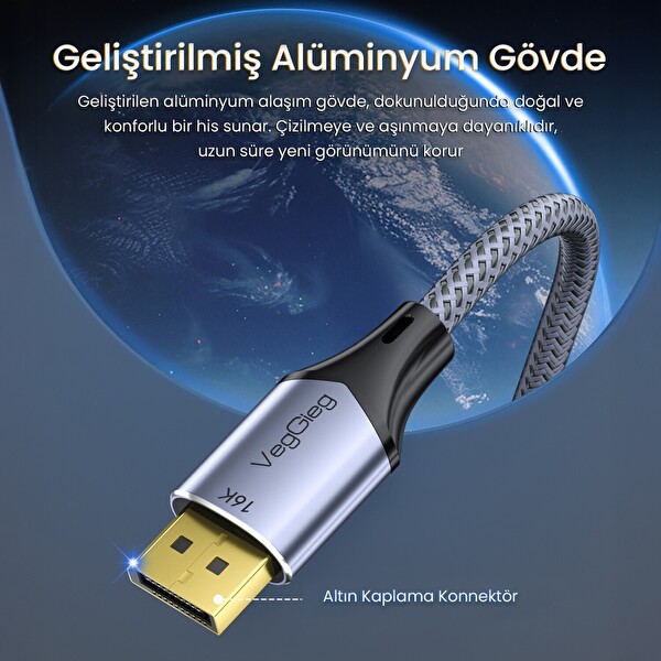 VegGieg Displayport 16K 60Hz 8K 240Hz 4K 240Hz 80 Gbps HDR ARC Örgülü DP 2.1 Kablo 1 M