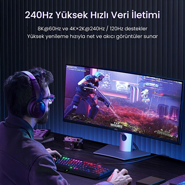 VegGieg HDMI 2.1 8K 60Hz 4K 120Hz 48 Gbps HDR eARC HDCP 2.2 Örgülü Ses ve Görüntü Kablosu 3 M