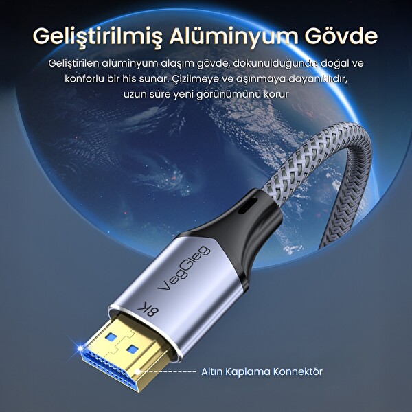 VegGieg HDMI 2.1 8K 60Hz 4K 120Hz 48 Gbps HDR eARC HDCP 2.2 Örgülü Ses ve Görüntü Kablosu 1.5 M