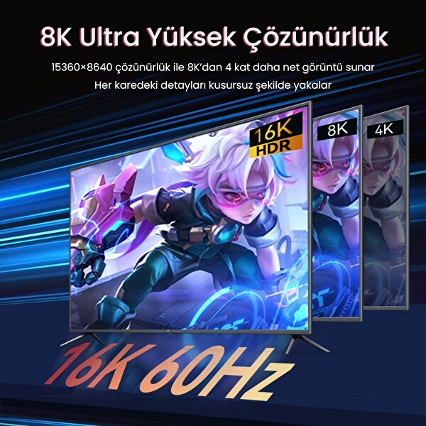 VegGieg Displayport 16K 60Hz 8K 240Hz 4K 240Hz 80 Gbps HDR ARC Örgülü DP 2.1 Kablo 3 M
