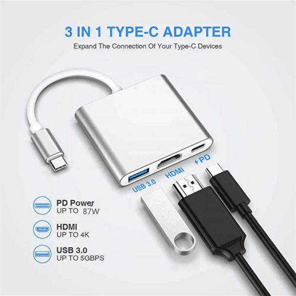 Blue Wings 3'İn 1 Type-C To HDMI 4K USB 3.0 Macbook Pro Dönüştürücü Adaptör