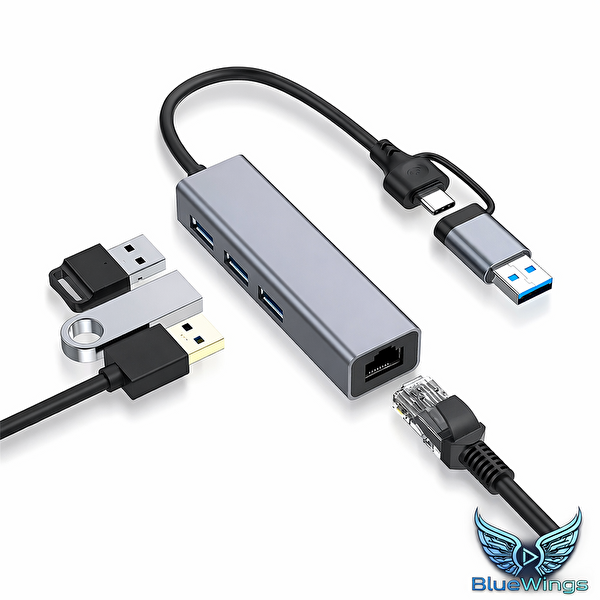 Blue Wings Multi Girişli USB Type-C Adaptör 3 Port USB 3.0 Hub RJ45 Gigabit 1000 Mbps MacBook - Laptop Uyumlu Lan Dönüştürücü