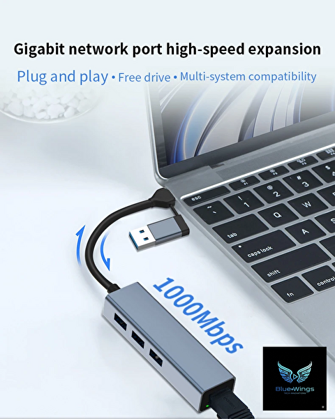 Blue Wings Multi Girişli USB Type-C Adaptör 3 Port USB 3.0 Hub RJ45 Gigabit 1000 Mbps MacBook - Laptop Uyumlu Lan Dönüştürücü