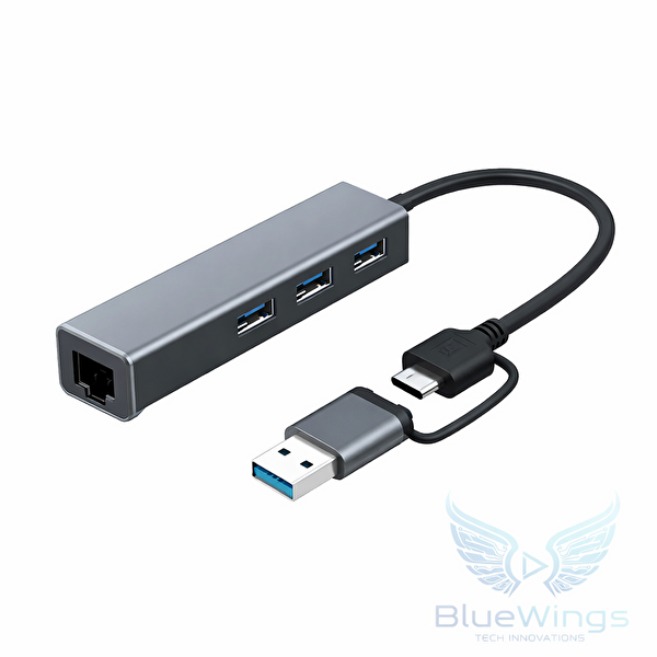 Blue Wings Multi Girişli USB Type-C Adaptör 3 Port USB 3.0 Hub RJ45 Gigabit 1000 Mbps MacBook - Laptop Uyumlu Lan Dönüştürücü
