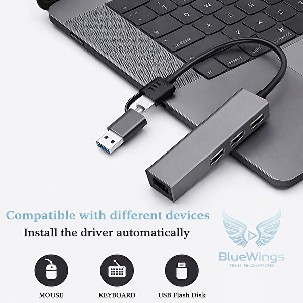 Blue Wings Multi Girişli USB Type-C Adaptör 3 Port USB 3.0 Hub RJ45 Gigabit 1000 Mbps MacBook - Laptop Uyumlu Lan Dönüştürücü