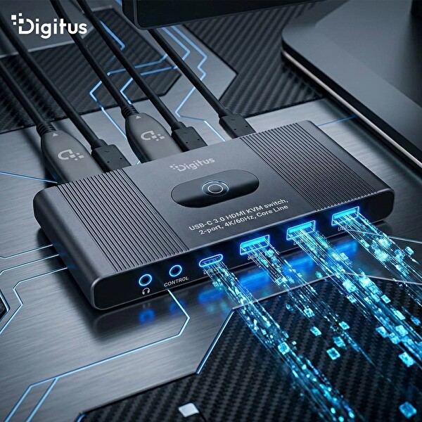 Digitus Ultra HD 4K60Hz KVM 2X1 HDMI- USB 3.0- USB-C Tek Tuş Geçiş Switch