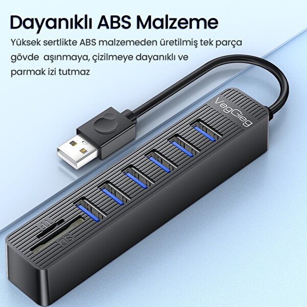VegGieg USB 2.0 SD MicroSD Kart Okuyucu ve 6 Port USB Çoklayıcı Hub