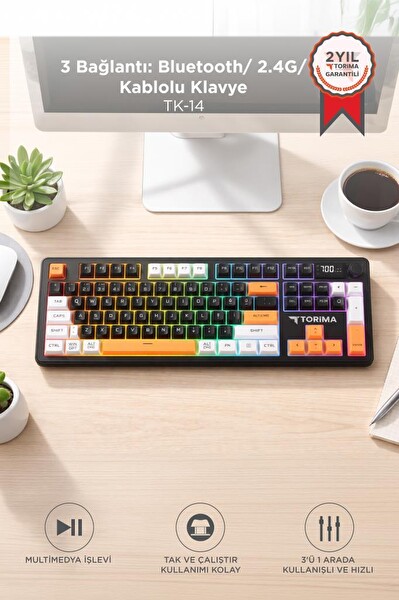 Torima TK14 Oyuncu Klavyesi Rgb Işıklı Dijital Ekranlı 3 Modlu Mekanik Hisli Kablosuz Klavye Siyah