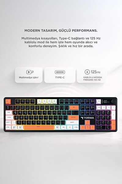 Torima TK14 Oyuncu Klavyesi Rgb Işıklı Dijital Ekranlı 3 Modlu Mekanik Hisli Kablosuz Klavye Siyah