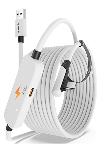 Syntech 3 M USB 3.0 VR Meta Quest 3S-3-Quest 2 Uyumlu Ekstra Şarj Portlu Beyaz Link Kablosu