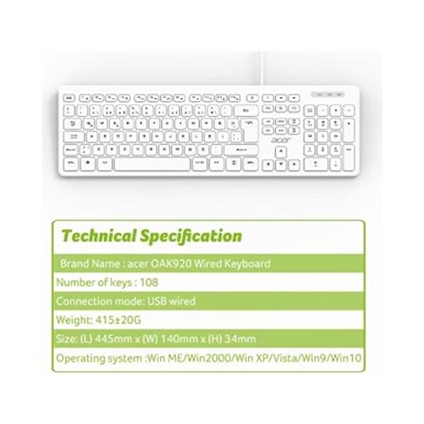 Acer OAK920 Q USB Sessiz Tek Tuş Hesap Makinalı 1.8 M Beyaz Kablolu Klavye
