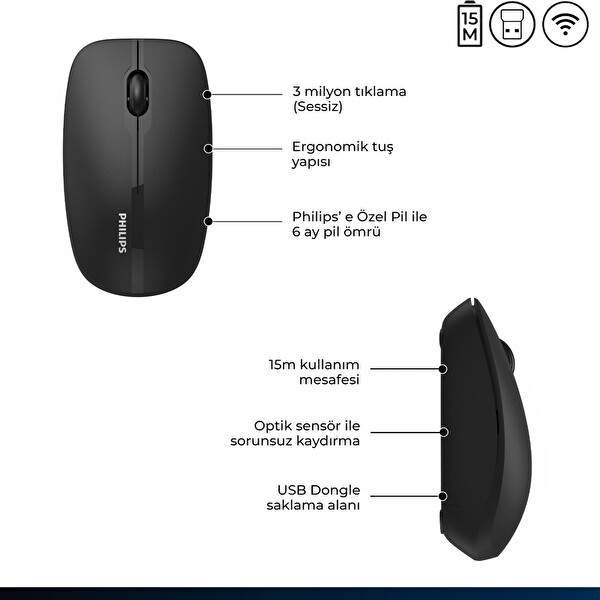 Philips SPK7418 Kablosuz Bluetooth 1600DPI 4 Tuşlu Optik Sessiz Mouse Siyah