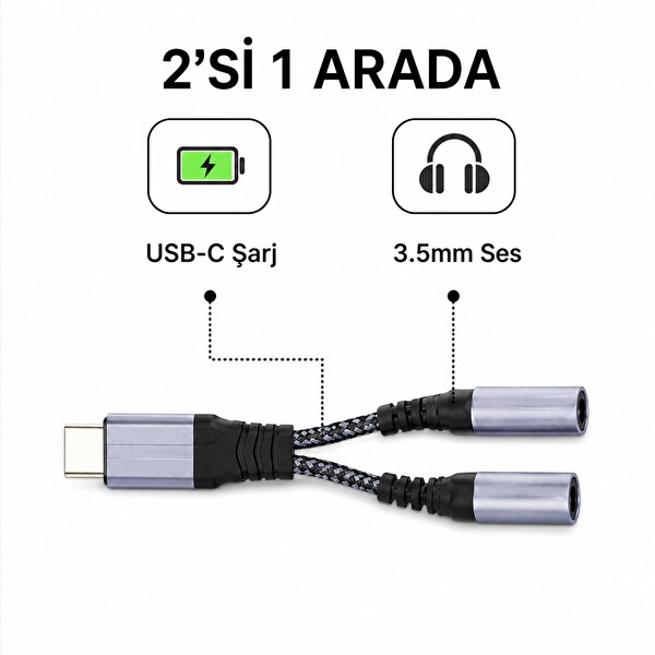 Hadron GJ-014 Type-C to Type-C - 3.5 MM Dişi Çoklayıcı Adaptör Kablo Siyah