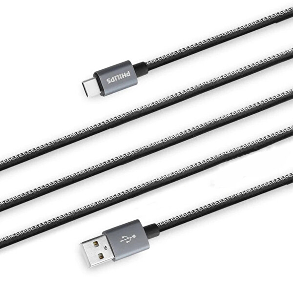 Philips 3A 60W UsbA to Type-C Deri Kaplama Hızlı Şarj Kablosu 1.2M ve ScHitec Type-C to UsbA 3.0 OTG Dönüştürücü Adaptör