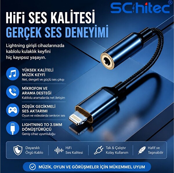 ScHitec HG/AXT-01 Lightning to 3.5MM 10CM AUX Dönüştürücü Siyah